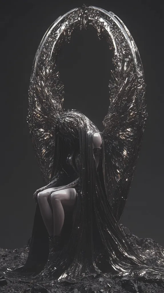 Here is a description of the image:

The image depicts a melancholic figure, seemingly an angel, seated within a dark, metallic, wing-shaped throne. The angel's wings and flowing robe are rendered in a sleek, dark material that suggests a molten or liquid metal. The figure's head is bowed, obscuring the face, and its posture conveys sorrow or contemplation. The overall aesthetic is dark, gothic, and surreal, with a strong emphasis on texture and form. The background is a simple, dark gray, drawing all attention to the central figure and its elaborate throne. The scene evokes a sense of mystery and solitude.