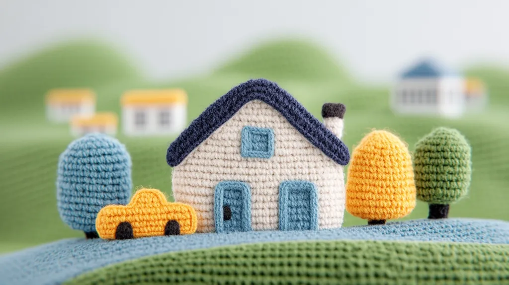 Here's a description of the image:

Close-up view of a charming crocheted scene.  A small, cream-colored house with a dark blue roof and blue doors is the central focus, sitting on a crocheted landscape.  Yellow and green crocheted trees flank the house, and a tiny yellow crocheted car is parked in front.  The background subtly depicts a blurred, green hilly landscape with more miniature crocheted houses, creating a miniature world feel. The texture of the crocheted items is clearly visible. The overall impression is one of warmth, handcrafted charm, and idyllic simplicity.