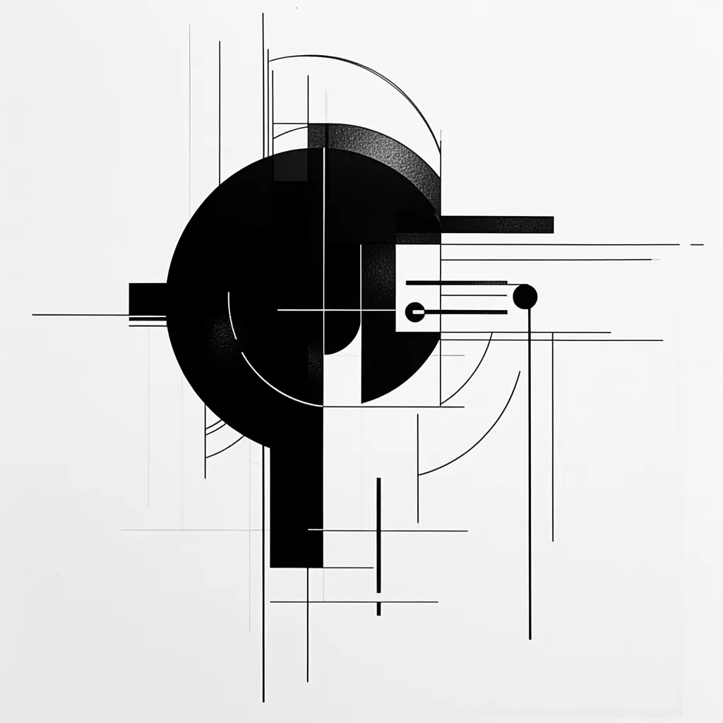 The image is a monochrome abstract artwork featuring geometric shapes and lines. A large, partially segmented black circle dominates the center, intersected by various straight lines and smaller geometric forms. The lines create a sense of depth and structure, suggesting architectural or engineering drawings. The overall style evokes a minimalist, possibly constructivist or De Stijl aesthetic with its stark contrasts and precise geometry.  The black shapes are bold against the white background creating a striking visual.