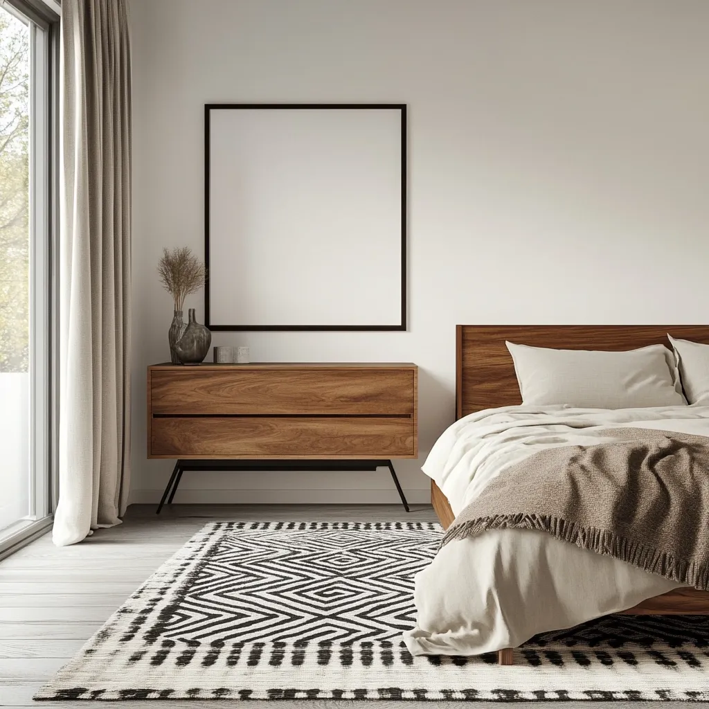 A minimalist bedroom features a wooden bed with neutral linens and a brown throw blanket.  A geometric black and white rug anchors the space in front of the bed. A simple wooden dresser with black legs sits beneath a large, square framed artwork on the wall.  Long, light-colored curtains hang beside a large window, letting in natural light. The overall aesthetic is calm and sophisticated.