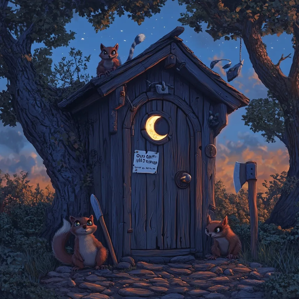 Here's a description of the image:

The illustration depicts a rustic, wooden outhouse nestled in a forest at twilight.  Two squirrels flank the structure, one sitting guard-like near a small shovel, the other perched on the roof. A third, longer-tailed creature sits atop the outhouse. A crescent moon is carved into the outhouse door, glowing softly. A hand-drawn sign reading "Our Craft" and "No Robber" is affixed to the door, adding a whimsical, protective touch.  An axe leans against the outhouse, enhancing the scene's rustic charm. The overall mood is dark, whimsical, and slightly mysterious, with a blend of fantasy and realism.