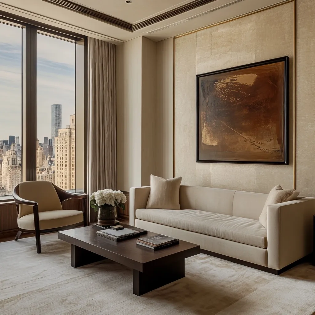 Here's a description of the image:

A sophisticated living room features a beige sofa and armchair, arranged around a dark wood coffee table.  A large abstract painting in earth tones hangs on a textured beige wall.  Floor-to-ceiling windows offer a panoramic city view, with skyscrapers visible on a partly cloudy day. The room's color palette is muted and neutral, creating a calm and elegant atmosphere.  Subtle, textured fabrics and warm lighting complete the luxurious design.  A vase of white flowers adds a touch of freshness.