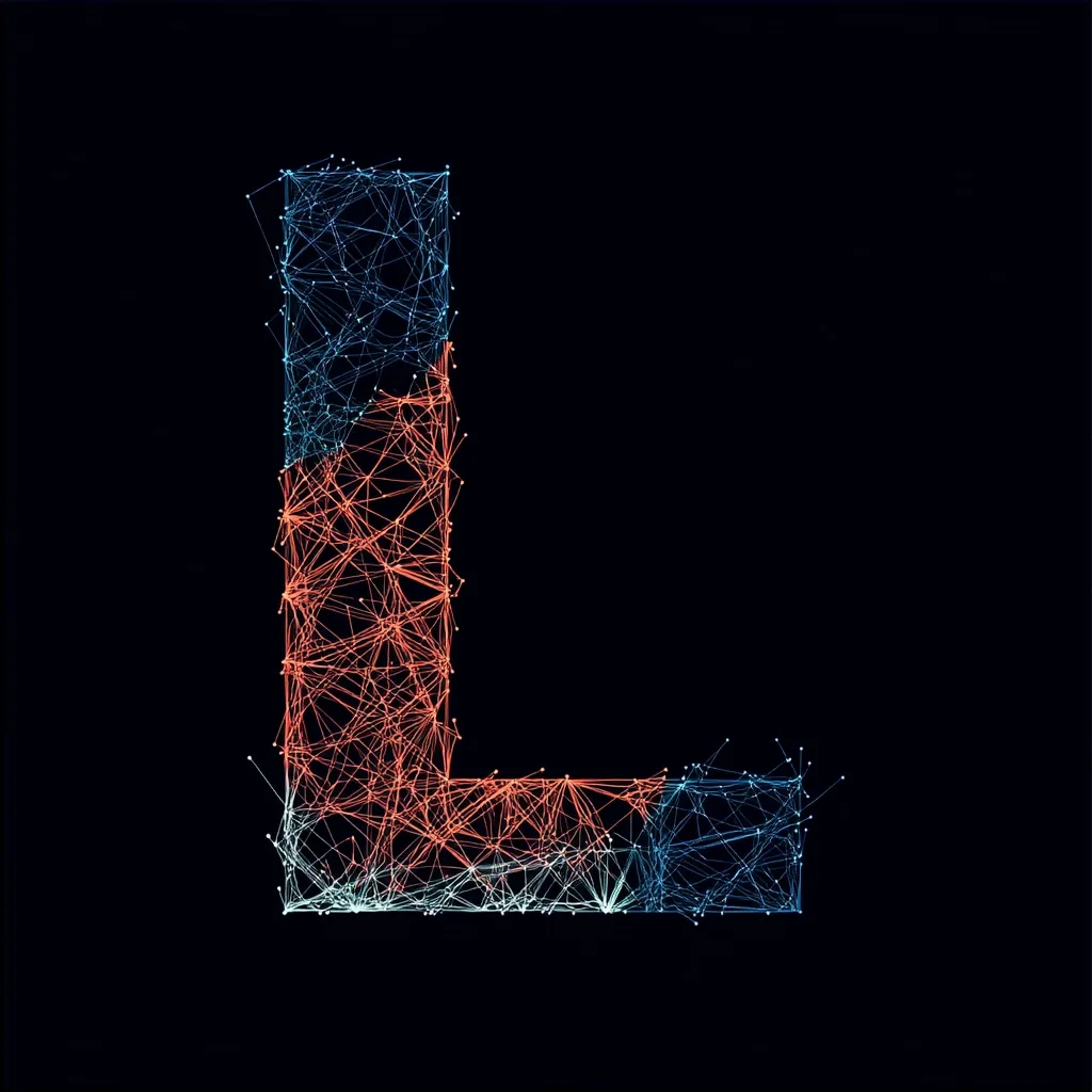 Here's a description of the image:

The image showcases a stylized uppercase letter "L" constructed from a network of interconnected points and lines.  The lines are luminous, with a color gradient shifting from cool blue at the top to warm orange-red at the bottom. The overall effect is reminiscent of a constellation or a digital network, suggesting connectivity and technology. The letter is set against a stark black background, highlighting the intricate detail of its structure. The design is modern, abstract, and visually striking.