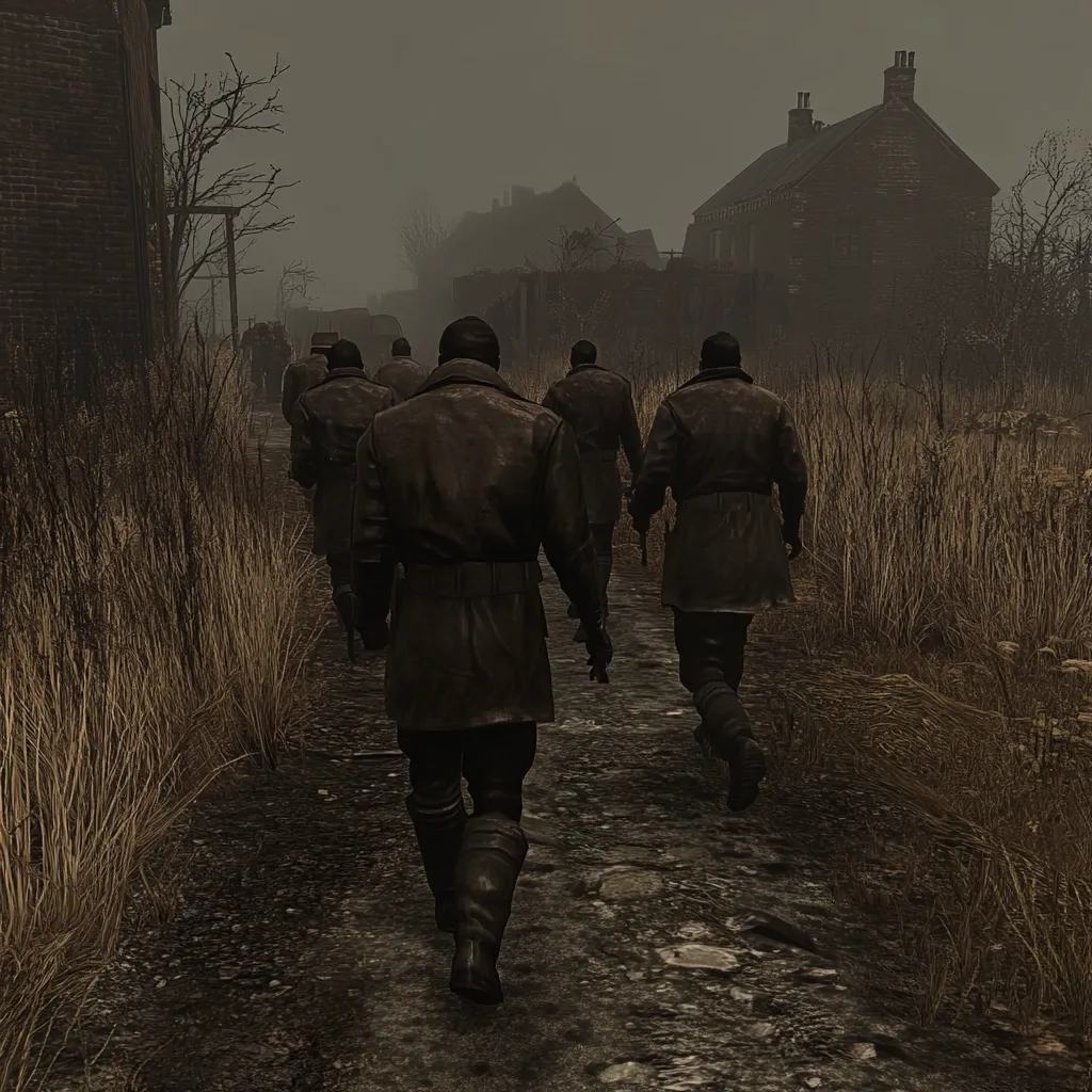 A group of soldiers, seen from behind, marches down a desolate, overgrown path.  They wear long, dark coats and high boots, suggesting a cold and possibly wartime setting.  The path leads towards a village of somber, aged buildings under a heavy, grey sky. The overall mood is bleak and ominous, with a sense of isolation and foreboding.  The tall, dry grass lines the path, further emphasizing the desolate landscape.