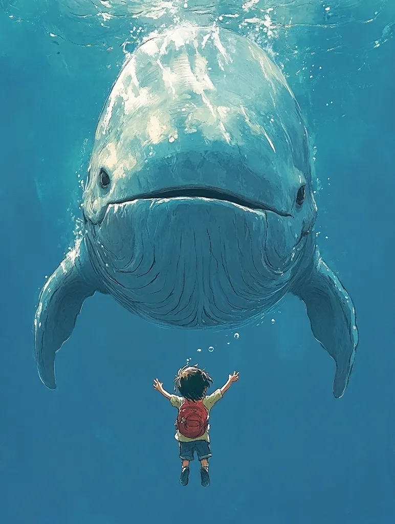 Here's a description of the image:

The illustration depicts a whimsical underwater scene. A large, light-blue whale dominates the upper half, its massive form filling most of the frame. It faces the viewer, appearing gentle and curious. Below, a small child with short brown hair and a red backpack floats serenely, arms outstretched in a gesture of wonder or greeting towards the whale. The ocean is a tranquil blue, with subtle bubbles surrounding the child. The style is painterly, with soft lines and a dreamy, almost surreal, atmosphere. The overall feeling evokes a sense of childlike awe and the boundless nature of the ocean.