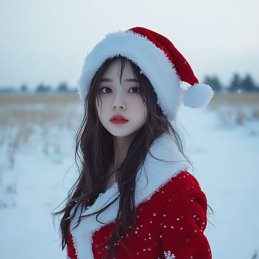 A young woman with long, dark hair wears a red Santa Claus suit with white fur trim.  She is adorned with a matching Santa hat.  Snowflakes appear to be lightly dusting her clothing and the snowy landscape behind her. Her expression is calm and serene, creating a wintery, festive mood. The background is a softly blurred snowy field.
