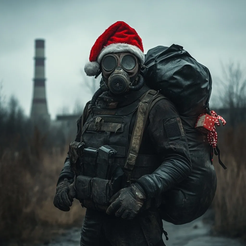 A person in a dark tactical suit and gas mask wears a Santa hat. A large backpack, seemingly heavily laden, is strapped to their back, with a small, red, polka-dotted gift box attached. The background is a bleak, post-apocalyptic landscape featuring a tall industrial chimney, suggesting a desolate and possibly hazardous environment. The overall mood is a dark juxtaposition of festive attire and a harsh, survivalist setting.