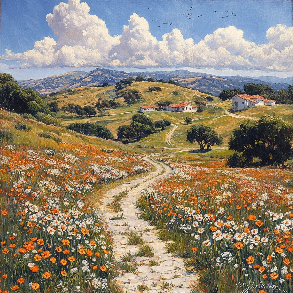 A winding stone path descends a sun-drenched hillside, leading the eye towards charming white buildings nestled in a rolling, verdant valley.  The path is bordered by a vibrant profusion of orange and white wildflowers, creating a carpet of color.  A blue sky dotted with fluffy white clouds provides a dramatic backdrop to the peaceful pastoral scene, completed by a few scattered trees and a flock of birds in flight. The overall impression is one of idyllic rural tranquility.