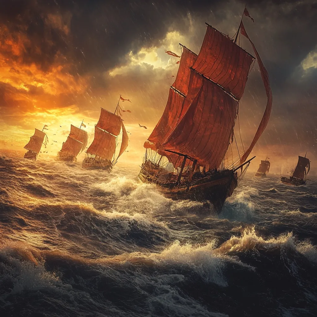 A dramatic depiction of a fleet of antique sailing ships battling a stormy sea.  Large, billowing orange sails contrast against a dark, turbulent sky filled with rain. The ships, several in number, navigate powerful waves under a fiery sunset. The scene conveys a sense of adventure, peril, and the raw power of nature against the resilience of humankind. The overall mood is intense and awe-inspiring.