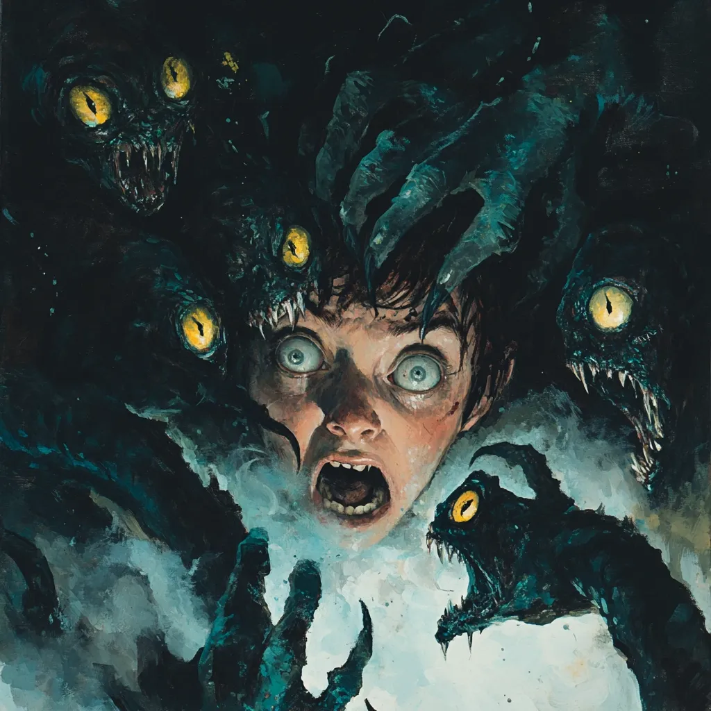A terrified boy's face is the centerpiece of a dark, surreal painting.  He is surrounded and seemingly attacked by several shadowy, monstrous creatures with large, glowing yellow eyes and sharp teeth.  Their clawed hands reach towards him from all sides, creating a sense of claustrophobia and impending doom. The overall mood is one of intense fear and vulnerability. The style is reminiscent of dark fantasy or horror illustration.