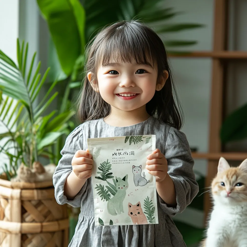 Here's a description of the image:

A young girl with dark hair, bangs, and a sweet smile holds a package of what appears to be cat treats or food. The packaging features a whimsical design with illustrations of cats and tropical leaves.  She's wearing a grey long-sleeved dress. A ginger kitten sits attentively in the lower right corner of the frame. The background includes lush green plants and a muted wooden shelf, suggesting a calm, homey setting. The overall mood is cheerful and gentle.