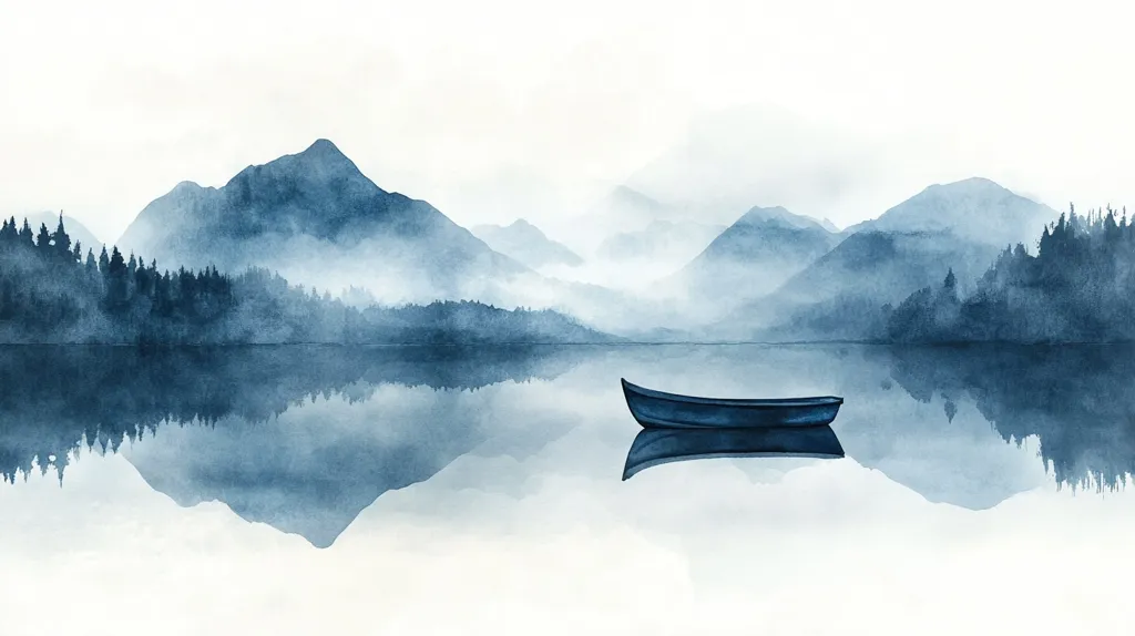 Here is a description of the image:

The watercolor painting depicts a serene, misty lake scene.  Shades of blue dominate, from deep indigo in the mountains and forest to lighter hues reflecting on the still water.  A small, dark-blue rowboat rests peacefully in the center of the lake, its reflection mirrored perfectly below.  The background shows a range of softly rendered, hazy mountains shrouded in mist, providing a peaceful and contemplative atmosphere.  The overall impression is one of tranquility and solitude in a beautiful, natural setting.