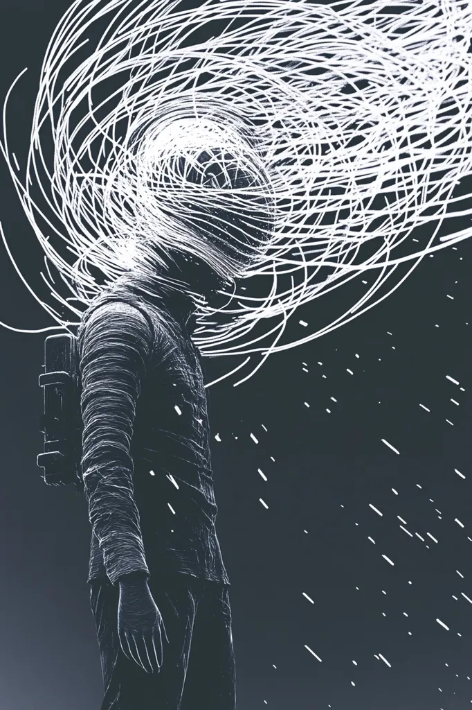 The image is a stylized depiction of a figure, possibly an astronaut, standing against a dark background.  White, swirling lines emanate from their head, resembling a vortex or energy field.  The figure is rendered in a similar style, appearing almost sketched or wire-framed, giving a sense of etherealness.  Fine white streaks fall like rain or snow around the figure, enhancing the otherworldly atmosphere.  The overall mood is one of mystery and introspection, suggesting a journey or transformative experience.