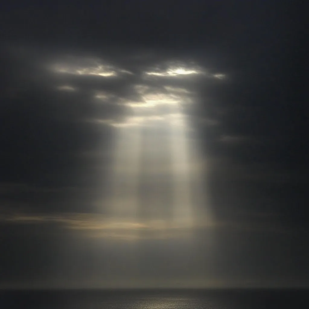 A breathtaking image captures a celestial scene: beams of sunlight pierce through a break in dark, brooding clouds, casting dramatic light shafts onto a calm, dark ocean. The contrast between the gloomy sky and the radiant light creates a powerful visual, evoking feelings of hope and wonder.  The sun's rays appear almost ethereal, illuminating the scene with a sense of otherworldly beauty.
