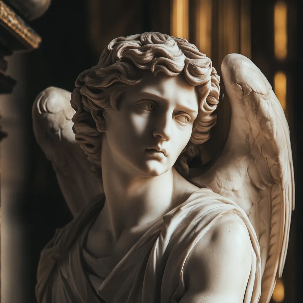 Close-up view of a marble statue of an angel.  The angel's face is delicately carved, showing a serene yet slightly melancholic expression.  The hair is intricately detailed, falling in soft waves around the shoulders.  Large, feathered wings extend from the back, partially obscuring the angel's torso, which is draped in flowing fabric. The lighting casts subtle shadows, enhancing the sculpture's three-dimensionality and texture. The overall aesthetic is classical and evocative.