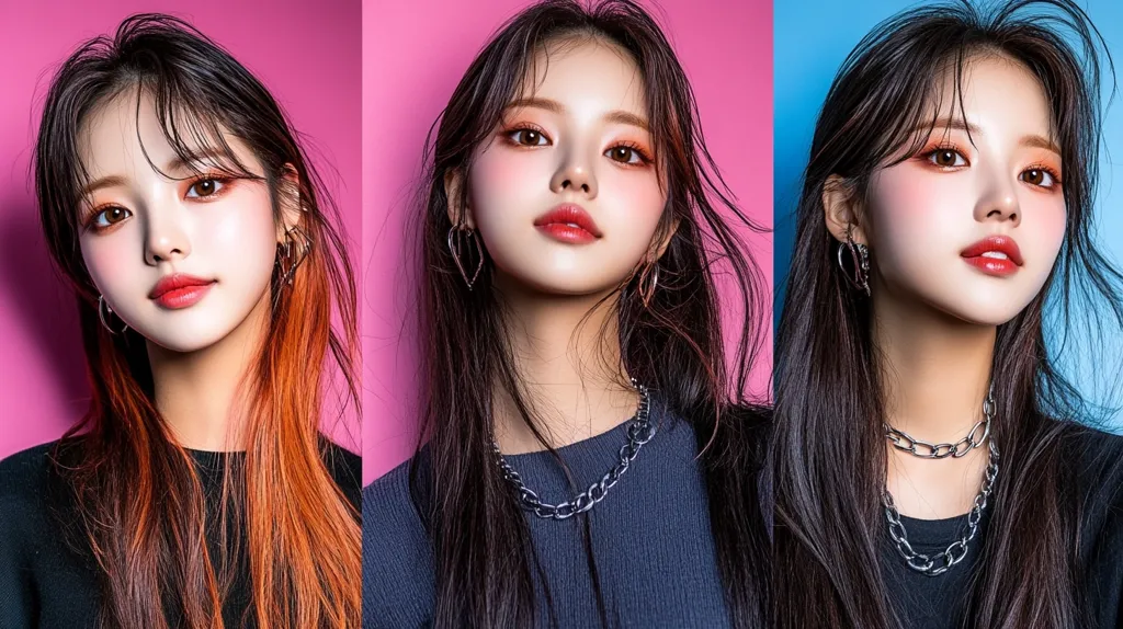 Here's a description of the image:

The image is a triptych featuring a young woman with long dark hair styled differently in each panel.  Her makeup is consistent across the three images: light peach blush, orange eyeshadow, and a glossy, reddish-pink lip.  She wears a dark gray or black top and a chunky silver chain necklace in each frame. Her hair varies, showing a subtle orange undertone in the left panel, sleek and straight in the center, and slightly tousled in the rightmost panel. The backgrounds are solid, bright colors; pink on the left, pink in the center and light blue on the right.  The overall aesthetic is modern and stylish, possibly a promotional image or a fashion editorial.