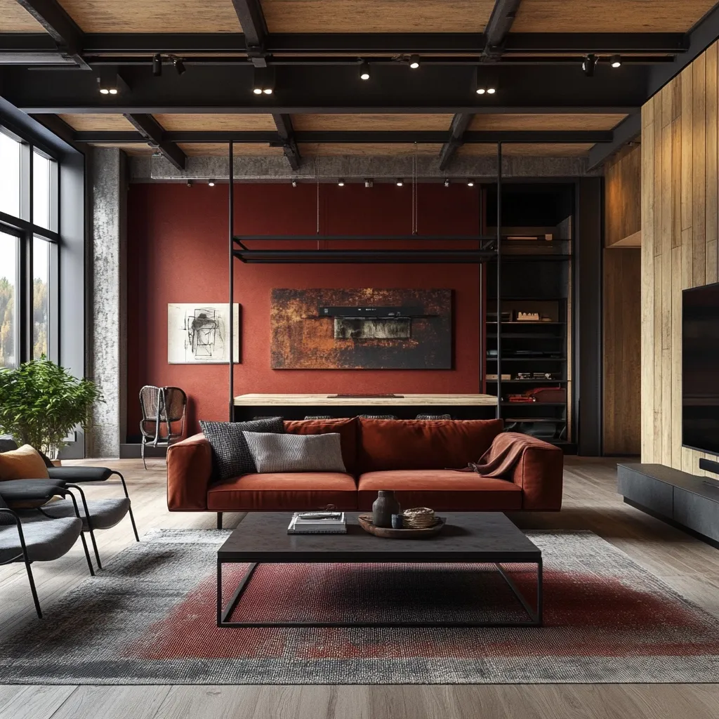 A modern, industrial-style living room features a rich terracotta wall, dark wood ceiling beams, and exposed concrete pillars.  A burnt orange sofa sits centrally, facing a low coffee table displaying decorative objects.  A large abstract painting hangs above a sleek, dark kitchen counter.  The room is accented with dark metal framework, a patterned rug, and a flat-screen TV on a built-in media unit, completing the sophisticated, masculine design.