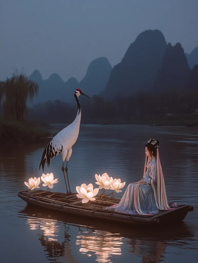 A serene twilight scene unfolds on a calm river, framed by majestic karst mountains. A woman in flowing, pastel-hued traditional Chinese attire sits gracefully in a small wooden boat, illuminated by glowing lotus lanterns. A majestic red-crowned crane stands beside her, adding to the ethereal ambiance. The image evokes a sense of tranquility and peaceful harmony with nature. The soft light and muted colors enhance the dreamlike quality of the composition.