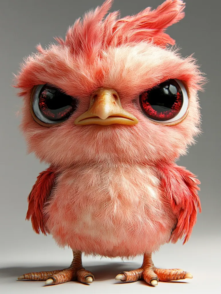 Here's a description of the image:

The image showcases a digitally rendered, fluffy chick with a predominantly light pink plumage.  Its most striking features are its oversized, dark-red eyes that give it an angry expression.  The chick's beak is a pale orange-brown, and its legs and feet are a darker shade of pink, ending in sharp claws.  A tuft of slightly darker pink feathers crowns its head.  The background is a neutral gray, allowing the chick's vibrant color to stand out. The overall style is hyperrealistic, emphasizing the texture of the downy feathers.