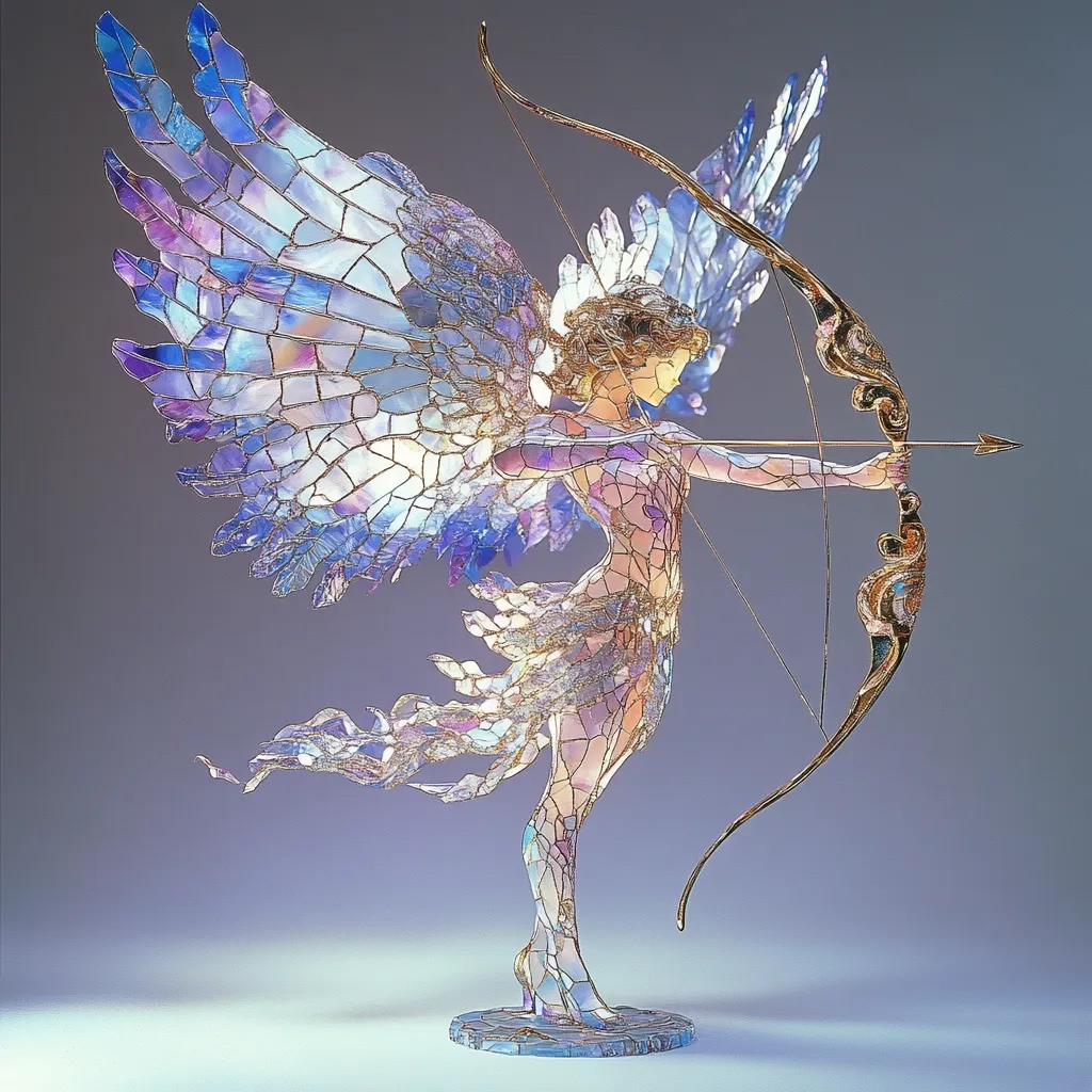 A stunning glass sculpture depicts an angel, seemingly Cupid, poised mid-shot with a bow and arrow.  The figure is crafted from iridescent glass pieces, creating a mosaic effect that shimmers with blues, purples, and golds.  Large, intricately detailed wings extend from her back, complementing the elegant curve of her body and the ornate bow in her hands. The overall effect is one of ethereal beauty and delicate strength.