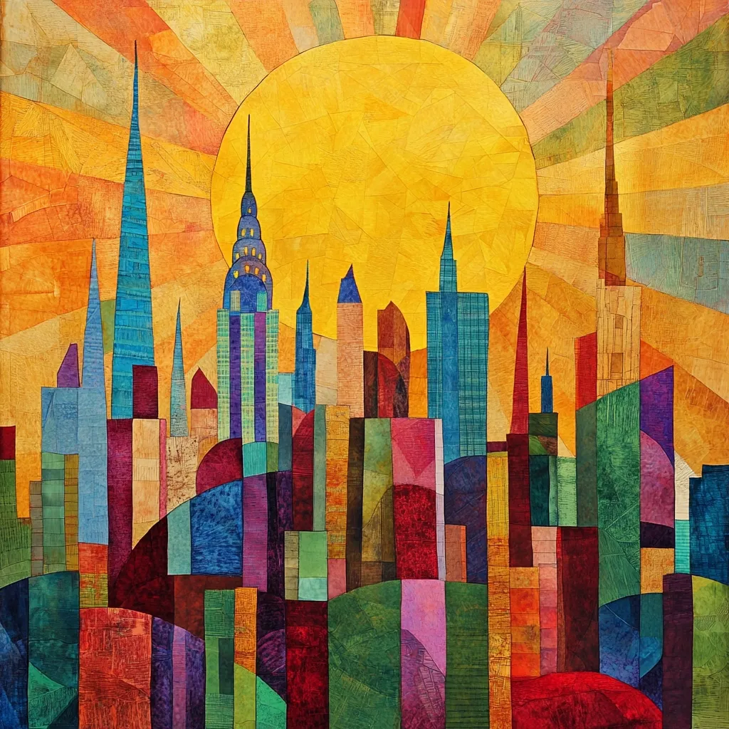This vibrant artwork depicts a stylized cityscape at sunrise.  The city's skyline is composed of geometric, multicolored blocks representing skyscrapers, creating a textured, almost quilt-like effect.  A large, textured yellow sun dominates the upper portion, radiating sunbeams in warm hues of orange and red.  The overall style is cubist, with bold colors and simplified forms creating a unique and energetic representation of an urban scene.