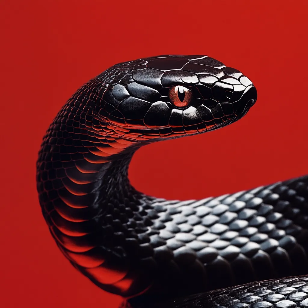 Close-up view of a black snake against a vibrant red background. The snake's head is raised, showcasing its scales and a striking orange eye.  The scales appear smooth and glossy, reflecting light. The image has a dramatic contrast between the dark snake and the bright red, creating a visually arresting composition. The snake's body curves gracefully, partially visible. The overall impression is one of power and elegance.