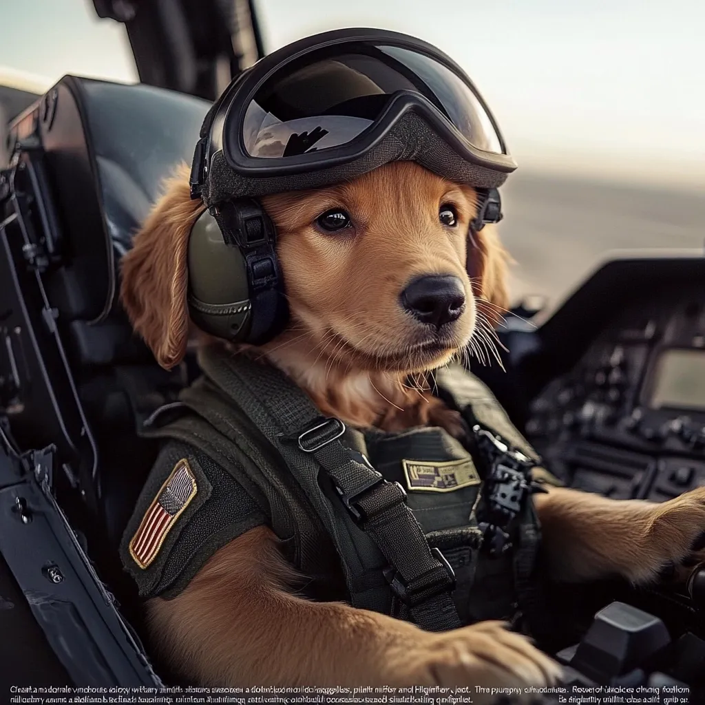 Here is a description of the image in under 100 words:

A golden retriever puppy is the focus of the image, dressed in a miniature military flight suit.  It wears a black aviator helmet with goggles, and a green vest with an American flag patch. The puppy sits in what appears to be the cockpit of a military aircraft, its expression serious and attentive. The background is blurred, showing a muted earth-toned landscape. The overall impression is one of playful yet poignant juxtaposition.