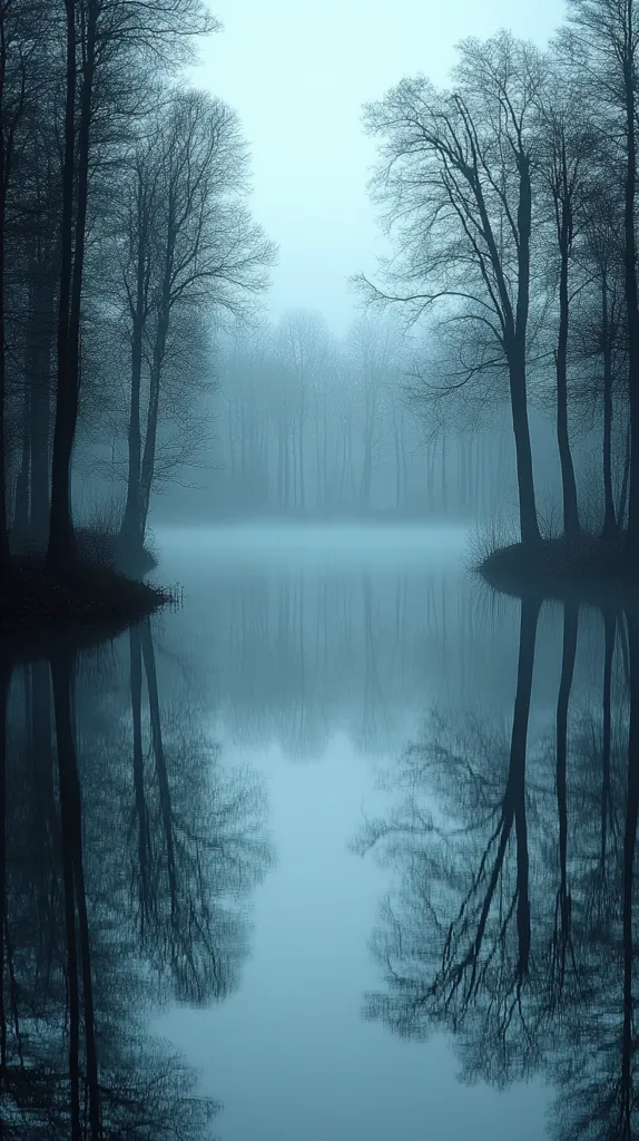 Here is a description of the image:

A serene, misty scene unfolds on a still body of water, reflecting the surrounding trees with perfect clarity.  Bare, leafless trees line the banks, their dark silhouettes stark against the pale, bluish-grey mist that hangs heavy in the air. The water acts as a mirror, creating a symmetrical doubling of the landscape.  The overall mood is peaceful, ethereal, and slightly melancholic, with a sense of quiet mystery.  The color palette is limited, predominantly consisting of cool blues and greys, enhancing the tranquil yet somewhat somber atmosphere.