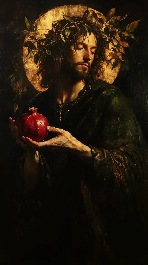 Here is a description of the image:

The painting presents a dark, dramatic portrait of a young man, possibly a religious figure, crowned with a wreath of leaves.  His long, dark hair frames a melancholic face, his gaze cast downward. He holds a ripe pomegranate in his hands, the rich red of the fruit contrasting with the somber tones of his attire and the background. The style is reminiscent of Old Masters painting, utilizing rich, deep colors and chiaroscuro to create a sense of depth and mystery. A halo-like golden circle appears behind his head, adding to the spiritual suggestion of the piece. The overall effect is one of contemplative intensity and symbolic weight.