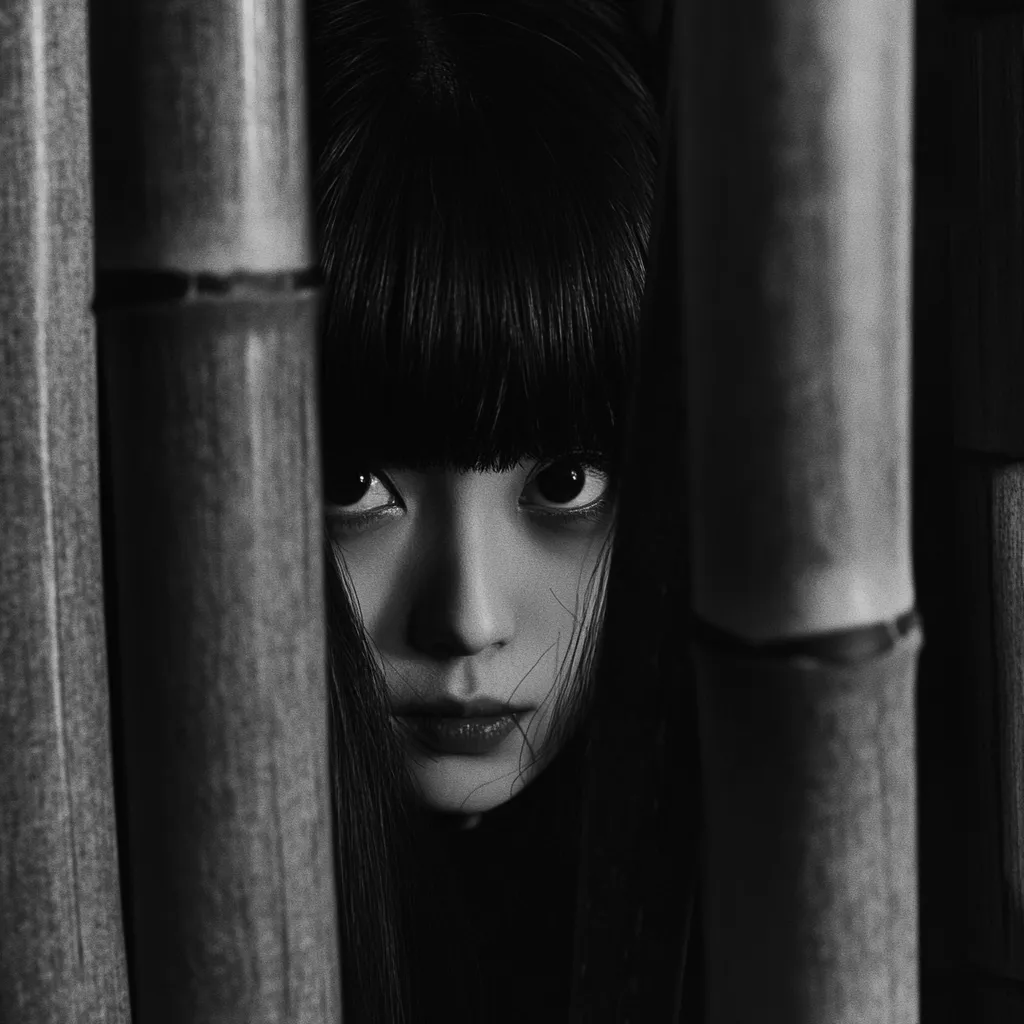 Here is a description of the image:

A black and white close-up shot depicts a young woman's face partially hidden behind thick bamboo stalks.  Her dark hair, cut in blunt bangs, frames a serious expression.  Only her eyes, nose, and mouth are fully visible, conveying a sense of mystery and perhaps apprehension. The contrast between the dark hair and the light skin, accentuated by the shadows cast by the bamboo, creates a dramatic and somewhat ominous atmosphere. The overall mood is one of intrigue and secrecy.