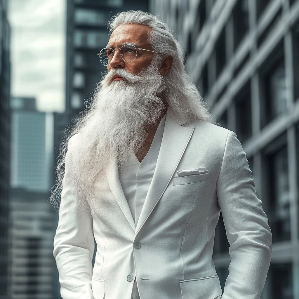 A mature man with long, flowing white hair and beard stands in a city setting. He wears a crisp white suit and round glasses. His expression is serious, and his gaze is directed slightly upward, suggesting contemplation or observation. The background features modern city buildings, providing a stark contrast to his striking appearance. The overall image is stylish and portrays a sense of quiet strength and sophistication.