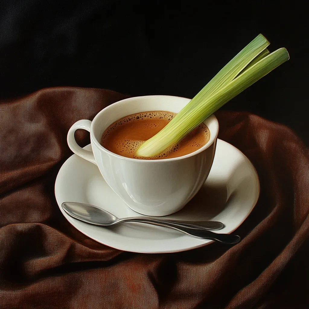 Here's a description of the image:

A meticulously detailed still life depicts a white coffee cup and saucer resting on a rich brown fabric. The cup contains a light brown liquid, possibly coffee or tea, with a vibrant green leek stalk subtly inserted into the beverage.  A silver spoon lies on the saucer beside the cup.  The lighting is dramatic, emphasizing the textures of the fabric and the gleam of the cup and spoon, creating a sophisticated and slightly surreal atmosphere.  The overall composition is elegant and suggestive of a carefully arranged tableau.