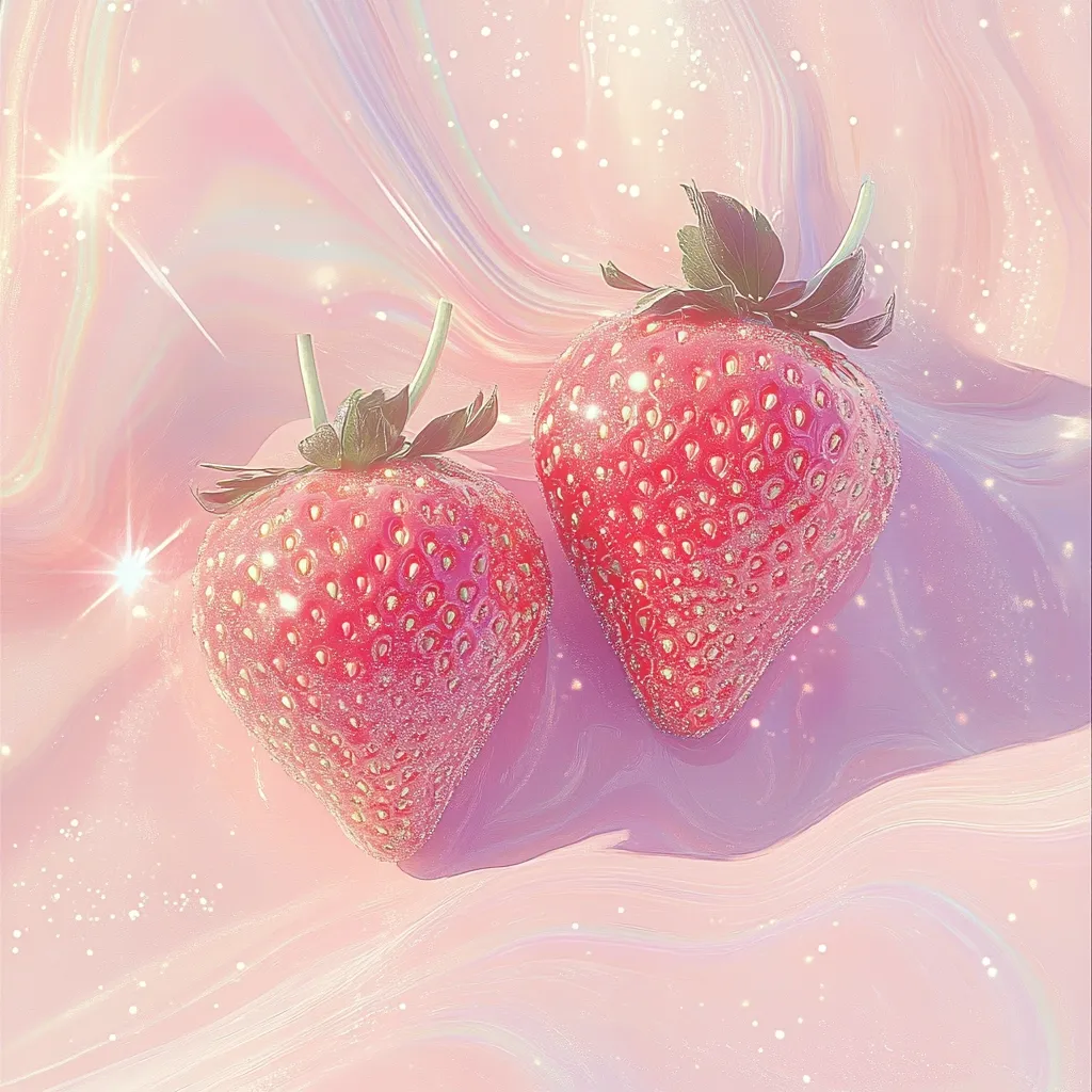 Two glistening strawberries, adorned with a subtle sparkle, rest on a dreamy pink surface.  The background is a soft, iridescent pink with swirling patterns and scattered sparkles, creating a whimsical, ethereal atmosphere. The strawberries are plump and red, their details emphasized by the light. The overall image is sweet, romantic, and visually appealing, suggesting a sense of fantasy or dreaminess.