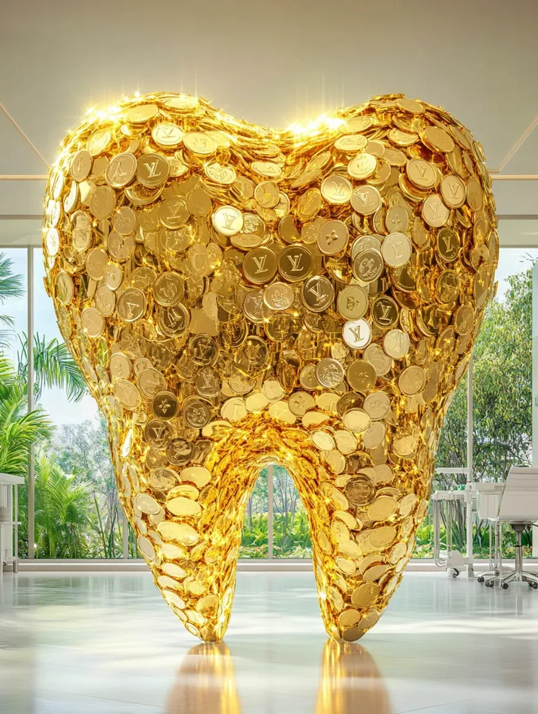 Here's a description of the image:

A large, three-dimensional sculpture of a tooth dominates the scene.  The tooth is entirely constructed from, or appears to be made of, countless golden coins, each imprinted with a stylized "Y" logo. The coins are densely packed, creating a shimmering, textured surface. The sculpture is situated in a modern, bright interior space, with large windows offering a view of lush greenery beyond.  The polished floor reflects the golden tooth, enhancing its opulent appearance. The overall impression is one of luxury and opulence, suggesting a concept related to wealth or prosperity in the context of dental care.