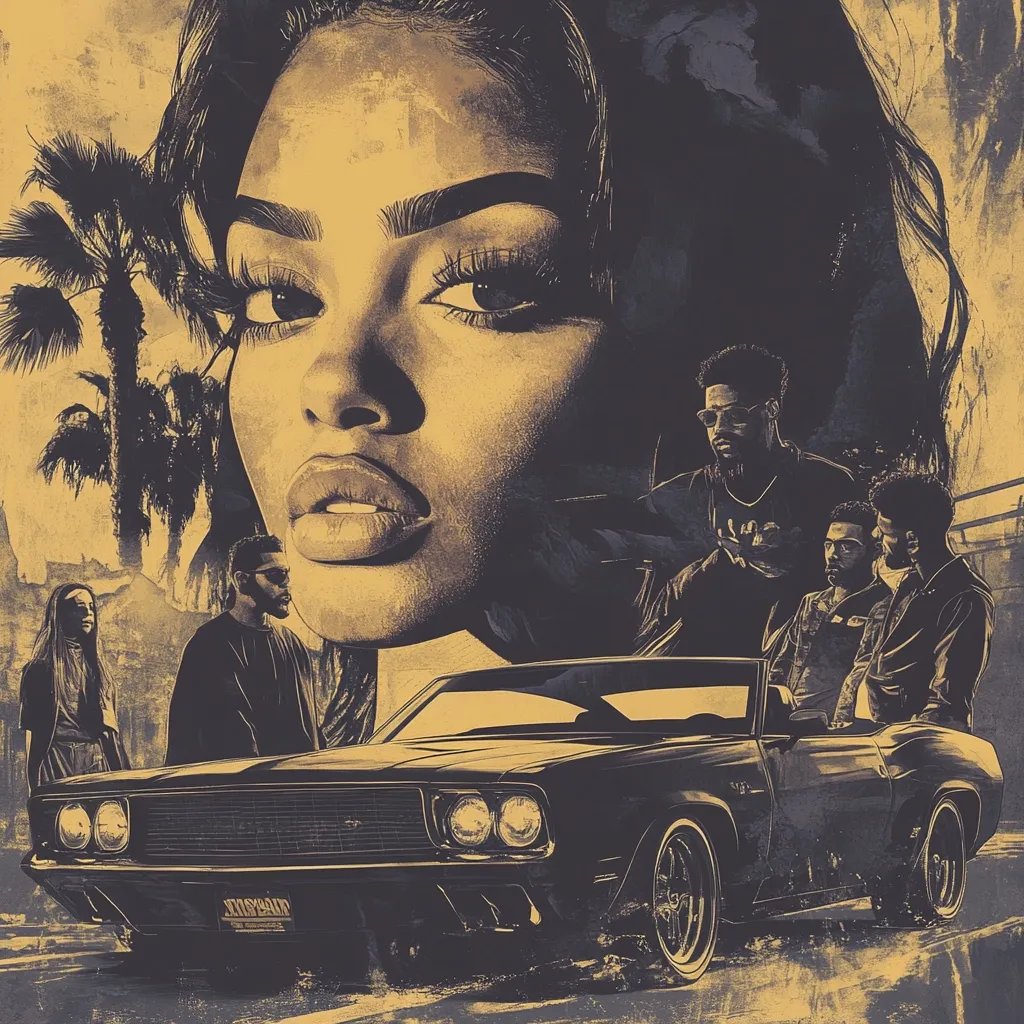 Here's a description of the image:

The artwork is a stylized depiction, likely a movie poster or album cover, featuring a striking close-up of a woman's face in sepia tones. Her expression is serious and alluring.  Behind her, partially obscured, are several men and a classic muscle car, suggesting a narrative of drama or possibly a 1970s-style setting. Palm trees in the background hint at a warm climate. The overall style is gritty and cinematic, with a textured, almost painted effect.  The color palette is muted, with yellows and deep browns dominating.