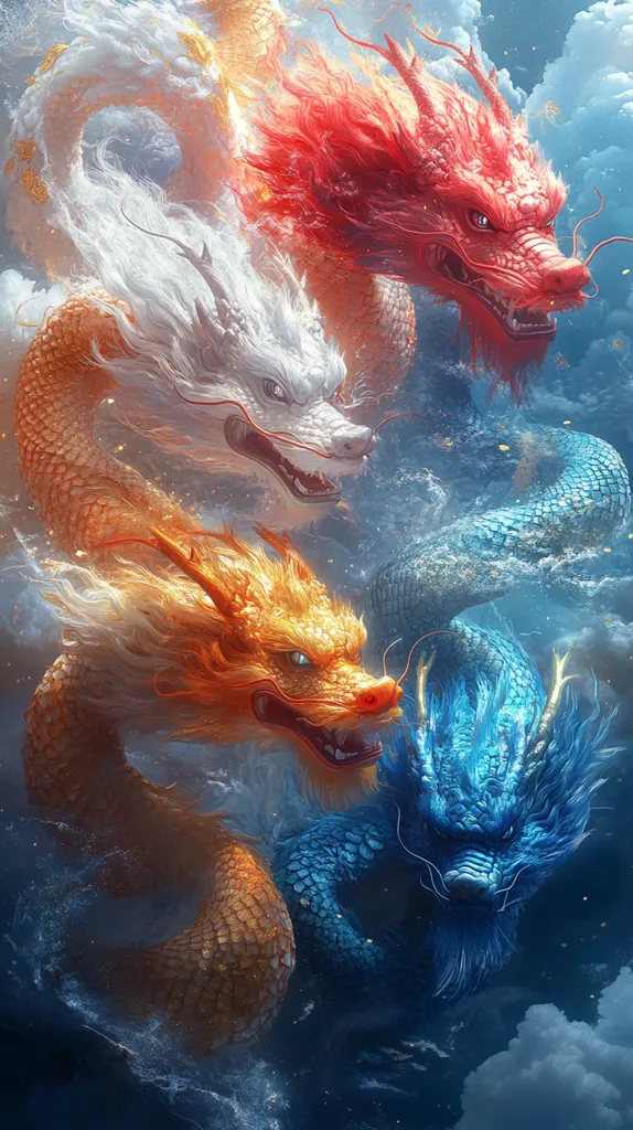 Here is a description of the image:

The artwork depicts four majestic dragons intertwined, each possessing a distinct color and personality.  A vibrant red dragon dominates the upper right, its fiery mane contrasting sharply with the serene white dragon to its left. Below, a golden dragon and a deep blue dragon complete the quartet, their scales shimmering with an ethereal glow. The dragons appear to be swimming or floating within a swirling, cloudy sky, evoking a sense of movement and power.  The overall style is fantasy, with a focus on vivid colors and detailed textures.