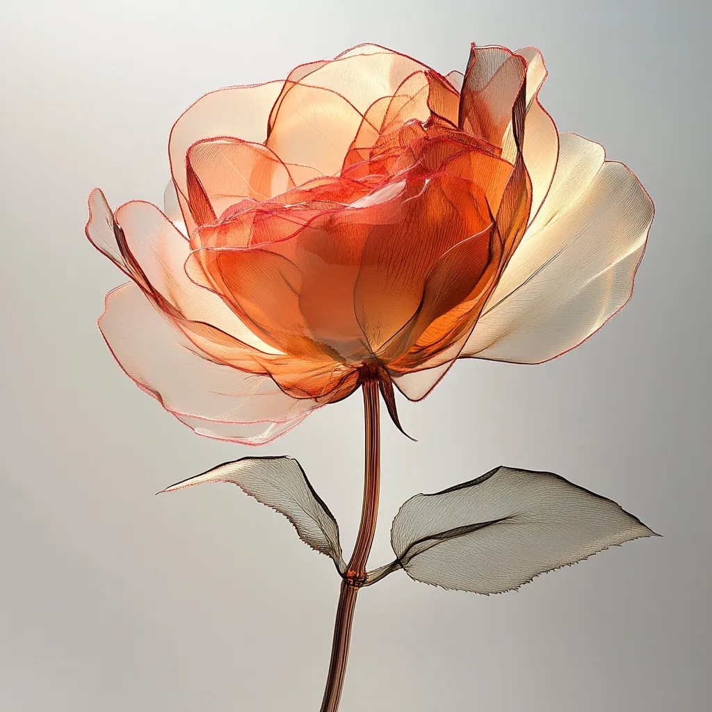 A delicate, translucent rose, crafted from seemingly sheer fabric or material, is presented against a muted gray backdrop.  The rose is predominantly warm, reddish-orange, fading to a lighter hue at the edges of its petals.  The stem and leaves share the same ethereal quality, their fine lines visible against the background. The overall effect is one of fragility and delicate beauty, suggesting a sense of ephemeral grace.