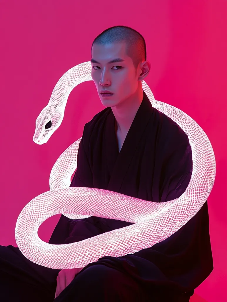 A bald, Asian man with a serious expression sits against a vibrant pink backdrop. He is dressed in a dark, loose-fitting robe. A large, luminous, white, snake-like sculpture, seemingly made of mesh or netting, is draped around his shoulders and body.  The snake's texture is clearly visible, and it glows softly, creating a striking contrast against the man’s dark clothing and the bold background. The overall image has a stylized, almost surreal quality.