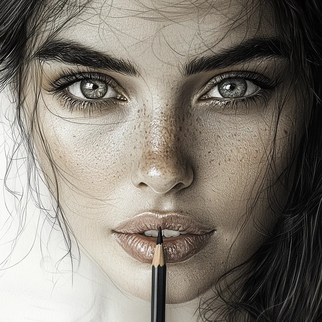 Here's a description of the image:

The image is a close-up, hyperrealistic pencil drawing of a woman's face.  Her expression is serene, almost pensive.  She has dark, slightly tousled hair framing her face, which is adorned with freckles. Her eyes are striking, large and expressive with a hint of gray in the irises.  A pencil is positioned between her lips, adding a touch of artistry to the composition. The artist's skill is evident in the meticulous detail, capturing the texture of her skin and hair with incredible precision.  The overall effect is one of beauty and quiet contemplation.