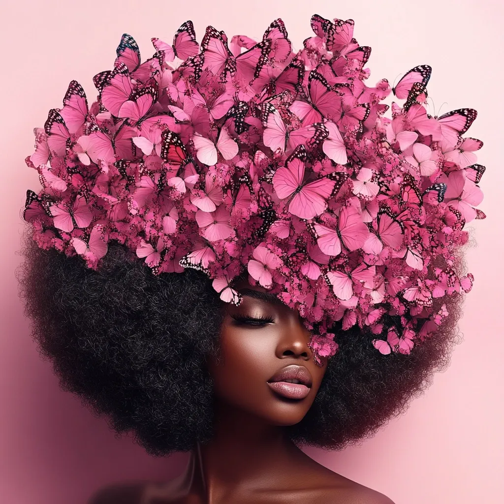 A Black woman with a large afro is depicted, her hair adorned with a profusion of delicate pink butterflies.  Her eyes are closed, and her expression is serene.  The butterflies form a crown-like halo above her head, contrasting her dark skin against the light pink background.  The image is artistically stylized, possibly digitally enhanced, creating a surreal and beautiful effect.  The overall mood is peaceful and dreamlike.