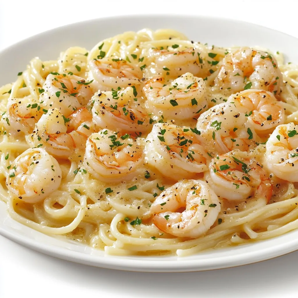 Here's a description of the image:

A close-up shot showcases a plate of spaghetti with shrimp in a creamy, garlic-infused sauce.  Numerous plump, cooked shrimp are nestled amongst the light-colored pasta.  Freshly chopped parsley is sprinkled over the dish, adding a touch of green. The sauce appears rich and coats the pasta and shrimp evenly. The plate is simple and white, providing a clean contrast to the appetizing food. The overall impression is one of delicious, simple Italian-American cuisine.