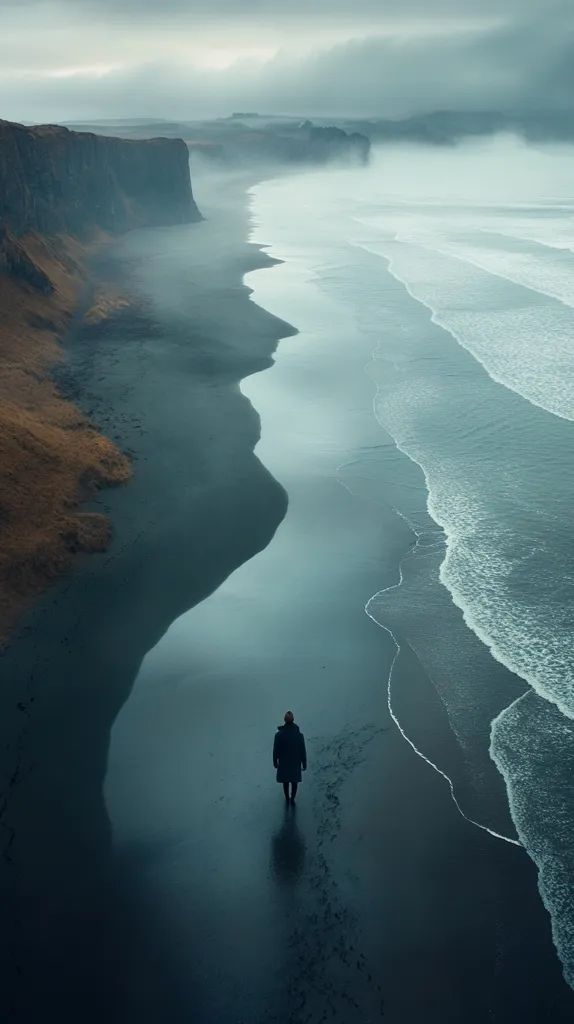 Here's a description of the image:

An aerial shot captures a solitary figure in a dark coat walking along a black sand beach.  The beach curves gently towards a misty ocean, where soft waves lap the shore. Dark cliffs rise dramatically on the left, partially shrouded in mist.  The overall mood is serene yet slightly melancholic, with a muted color palette of dark blues, grays, and browns.  The scene evokes a sense of vastness and isolation.