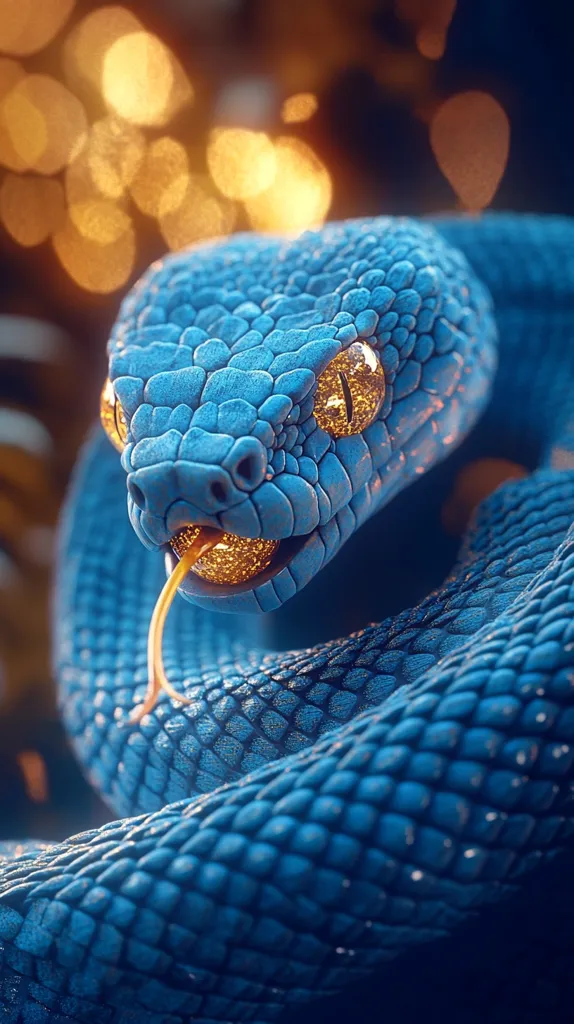 Here's a description of the image:

Close-up view of a vibrant, electric blue snake. Its scales are meticulously detailed, exhibiting a textured, almost metallic sheen. The snake's head is in sharp focus, revealing bright, golden-yellow eyes that contrast beautifully with its blue skin. A forked tongue extends from its mouth. The background is blurred, featuring warm, out-of-focus golden lights, creating a bokeh effect that accentuates the snake's striking color. The overall impression is one of surreal beauty and striking visual contrast.
