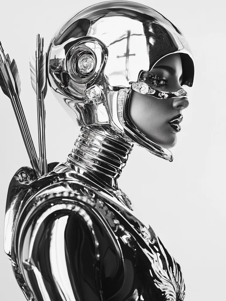 Here's a description of the image:

The black and white image showcases a striking profile of a woman adorned in a futuristic, chrome-plated suit of armor. The helmet is highly reflective, mirroring an unseen background. A series of arrows are affixed to the back of the armor, adding a warrior-like element. The armor's design is intricate, with detailed texturing and embellishments suggesting a high level of craftsmanship.  Her makeup is dramatic, enhancing the contrast between the metallic armor and her features. The overall aesthetic is one of science fiction, blending elegance and strength.
