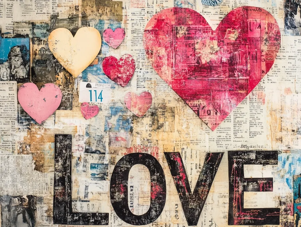 Here's a description of the image:

The image is a mixed-media artwork featuring the word "LOVE" prominently displayed in large, distressed, black block letters.  The letters are overlaid on a background composed of a collage of aged papers, newsprint clippings, and fragments of text, creating a textured, vintage aesthetic.  Several hearts of varying sizes and colors, similarly textured, are scattered across the collage, adding to the romantic theme. The largest heart is a deep pink/red, while others range from pale yellow to light pink.  The overall effect is one of layered texture, vintage charm, and romantic sentiment.