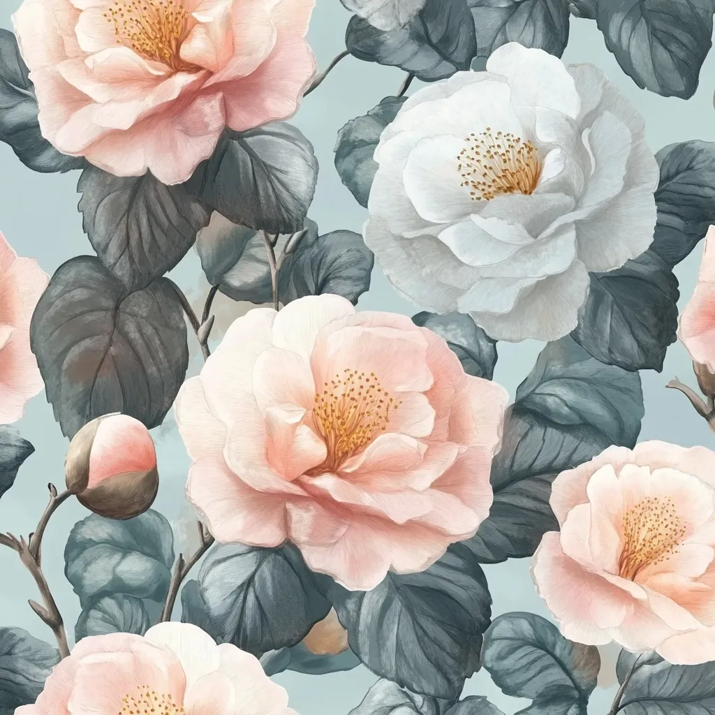 Here's a description of the image:

The image is a seamless pattern featuring large, realistically rendered camellias in soft pastel shades of peach and white.  The flowers are densely arranged against a pale blue-green background.  The leaves are a muted grayish-green, providing a textural contrast to the blossoms.  The style is reminiscent of botanical illustrations, with careful attention to detail in the flower's petals and stamens.  A sense of depth is created through variations in shading and the layering of the flowers.  The overall effect is elegant and serene.