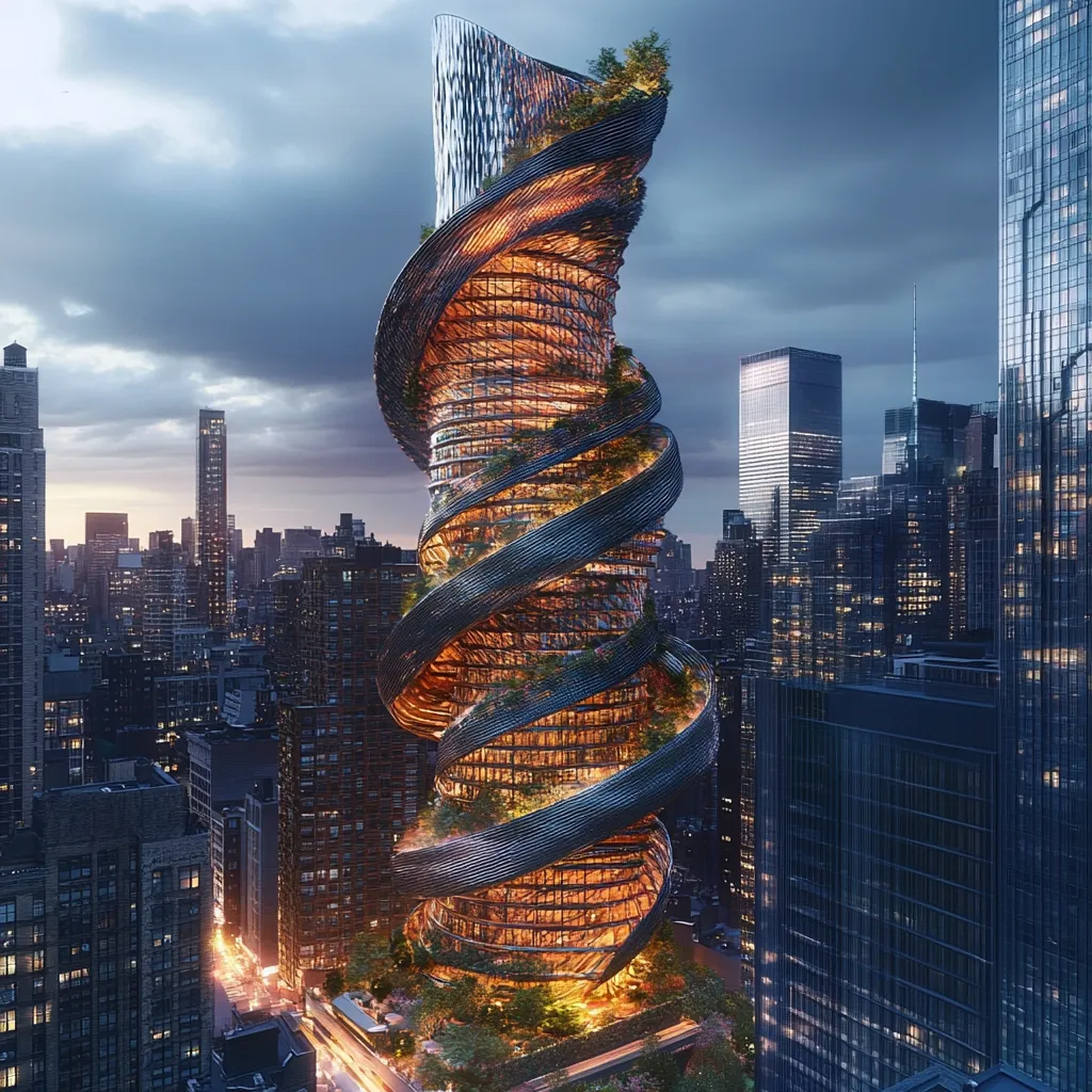 Here's a description of the image:

The image showcases a futuristic, spiraling skyscraper nestled amidst a dense cityscape at twilight. The building's design is striking, featuring a series of interconnected, curving bands that wrap around a central core, incorporating integrated greenery.  Warm interior lighting contrasts with the cool tones of the city skyline.  Other skyscrapers, both modern and older buildings, form a backdrop, highlighting the unique architecture of the central structure.  The overall impression is one of innovative design and urban integration, blending nature and technology within a vibrant city environment.