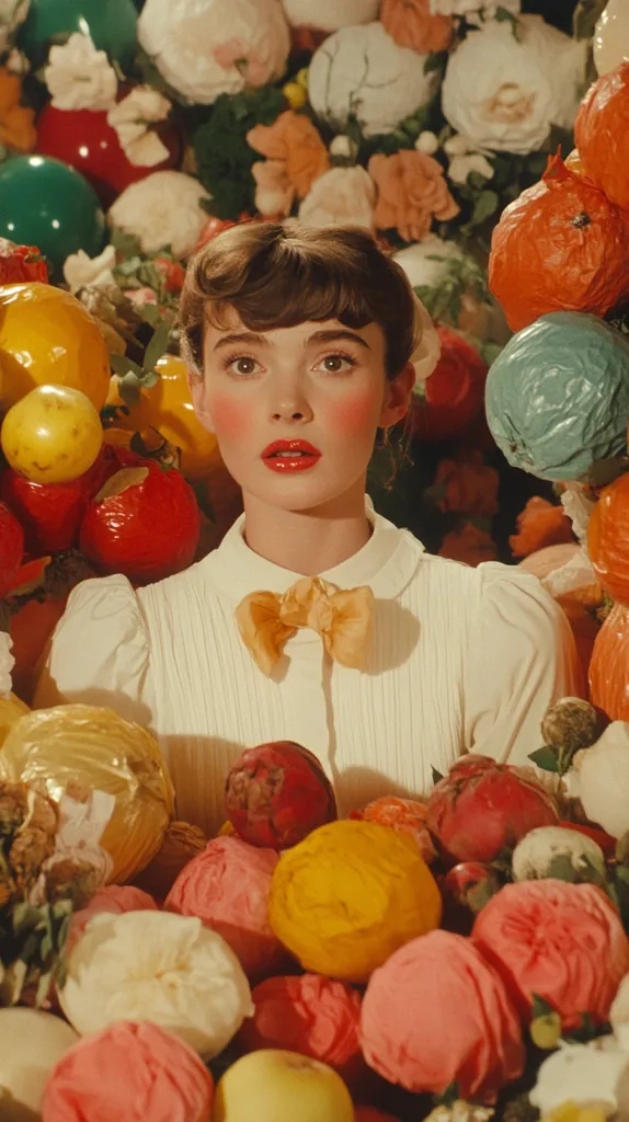 A young woman with dark, short hair styled in a bob sits amidst a vibrant profusion of oversized, brightly colored fruits and flowers.  She wears a cream-colored collared blouse with a large, pale orange bow tie. Her makeup is noticeable, featuring rosy cheeks and red lips. The overall aesthetic is surreal and whimsical, with a saturated color palette and a dreamy, almost artificial, quality to the setting. The image evokes a sense of playful fantasy.