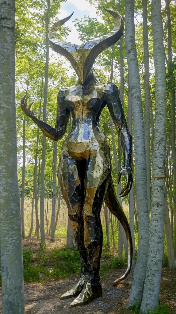 A large, imposing metal sculpture stands in a grove of slender trees.  The figure is humanoid, yet fantastical, with a horned head, angular features, and a long, tapering tail. Its surface is composed of seemingly fragmented metallic plates, creating a textured, faceted appearance with a blend of dark and gold hues.  The sculpture’s pose suggests a subtle movement, creating a sense of both power and grace within the natural setting. The light filters through the trees, casting dappled shadows on the ground.