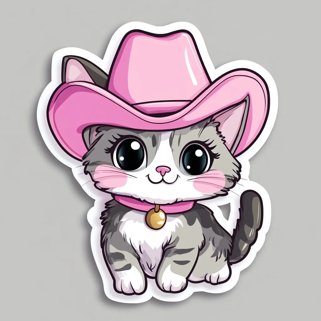 Here's a description of the image:

The illustration showcases an adorable cartoon kitten, predominantly gray and white, sporting a bright pink cowboy hat. Its large, expressive eyes and rosy cheeks contribute to its cute demeanor. The kitten is depicted sitting, wearing a pink collar with a small golden bell. The style is reminiscent of children's book illustrations or stickers, with a clean, bold outline and soft shading. The overall palette is pastel, creating a gentle and appealing image.  The sticker-like white border around the kitten enhances this effect.